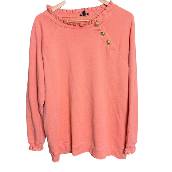 Talbots Womens Ruffle Trim Raglan Sweatshirt Size 1X Orange Gold Buttons Preppy - Picture 2 of 9